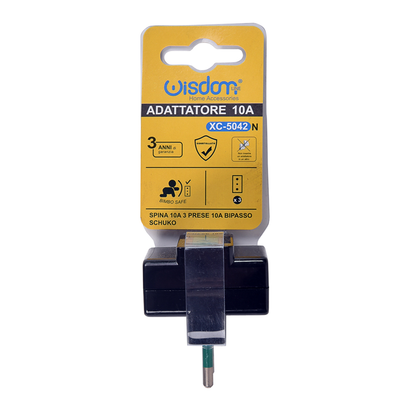 Blister Adattatore Spina S11 con 3 Prese 10A 2P+T in Termoplastica Resistente Nera