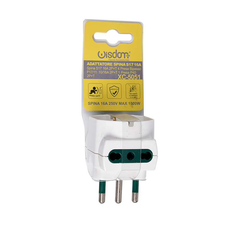 Blister Adattatore Triplo con Due Prese Bipasso P17/11 e Una Presa P40 in Termoplastica Bianca 