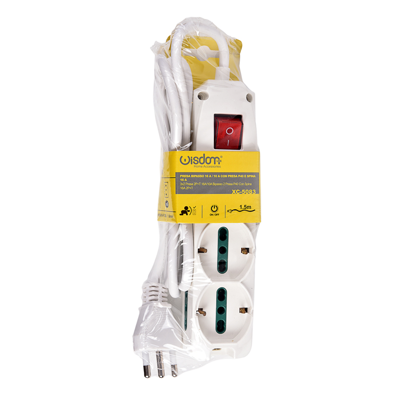 Blister Multipresa Bipasso 2P/T 10/16 Ampere con 3 Uscite P40 Cavo da 1,5 Metri