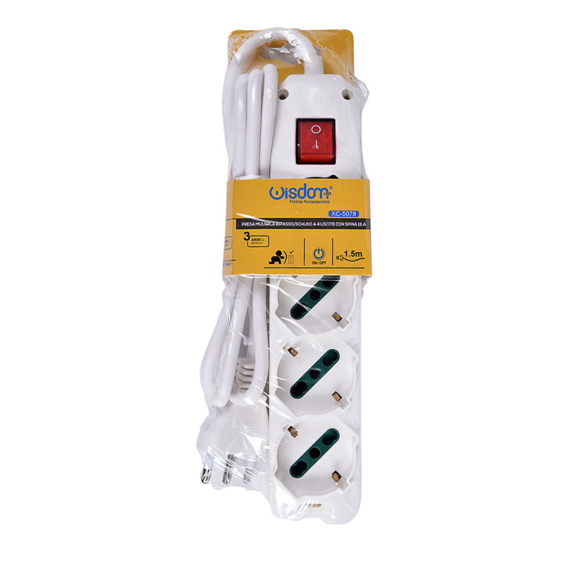 Blister Presa Quadrupla Bipasso 10/16A Spina S17 16A con Interruttore Integrato e Cavo di Alimentazione da 1,5 mt