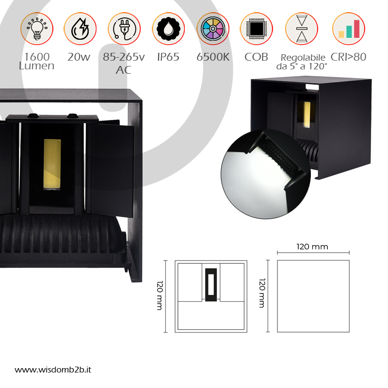 APPLIQUE LED CUBO 20W NERO - Brillante Luce Fredda per Spazi Moderni Infografica Caratteristiche Tecniche Applique LED da 20w Cubo in Alluminio Nero Luce Fredda