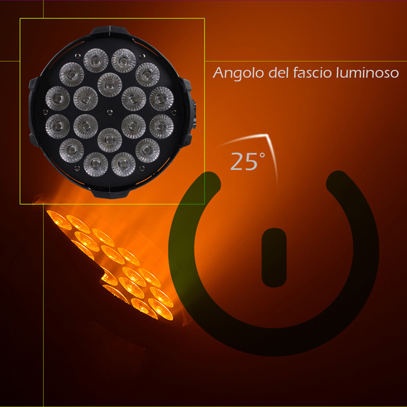 Par LED 18x15W RGBWA-UV Full Color per Eventi Interni Illuminazione Scenica Infografica Par LED 18x15 con Angolo di Emissione Luminosa di 25 Gradi