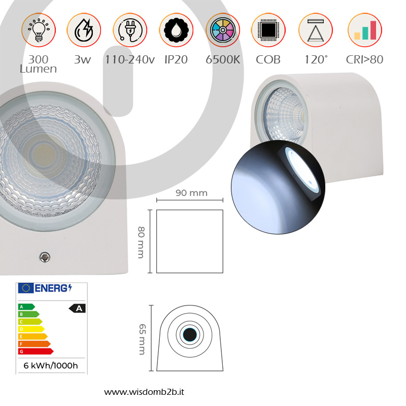 Applique LED 3W Bianco 6500K Design Elegante per Interni Infografica specifiche tecniche applique LED 3w in alluminio bianco luce fredda 6500k