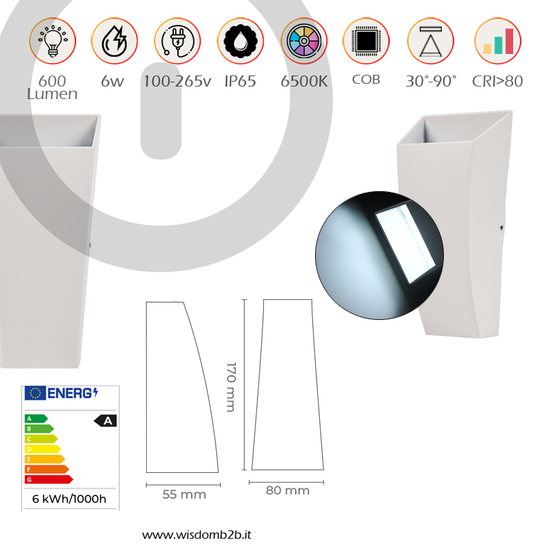 Applique LED Parete 6W 6500K Illuminazione Elegante e Versatile per Esterni Infografica specifiche tecniche applique LED prisma rettangolare 6w luce fredda IP65