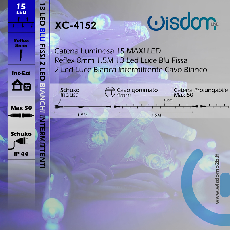 CATENA LUMINOSA 15 MAXILED 5Mt - Luce Blu e Bianca per Atmosfere Incantevoli Caratteristiche Tecniche Catena 15 LED 1,5 metri IP44 Luce Blu Fissa Bianca Intermittente