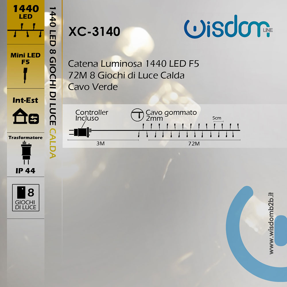 Catena Luminosa LED Wisdom 1440 Illuminazione Versatile 72M Luce Calda 8 Giochi Infografica Catena di Luci LED 1440 su 72 Metri di Cavo Verde IP44 per Interni ed Esterni