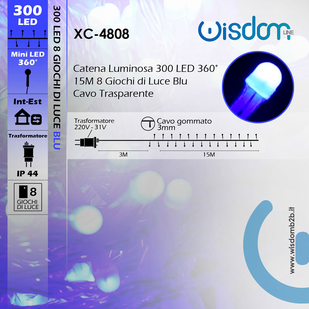 Infografica Luminaria LED con 300 Luci Blu a 360 Gradi su 15 Metri di Cavo Trasparente 