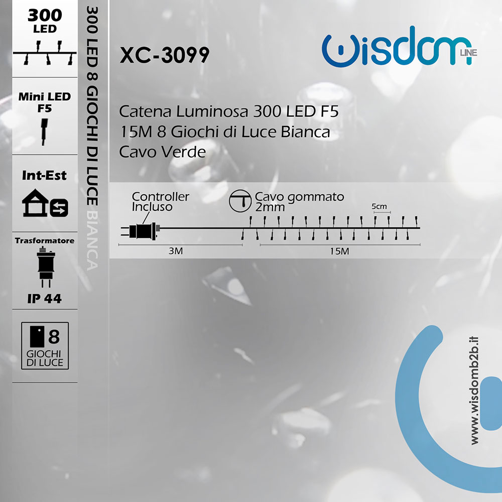 Catena Luminosa LED 300 Bianchi 15M con Otto Funzioni Decorazione Elegante Infografica Catena 300 LED Bianchi su 15 Metri di Cavo Verde Flessibile Alimentata a 31V