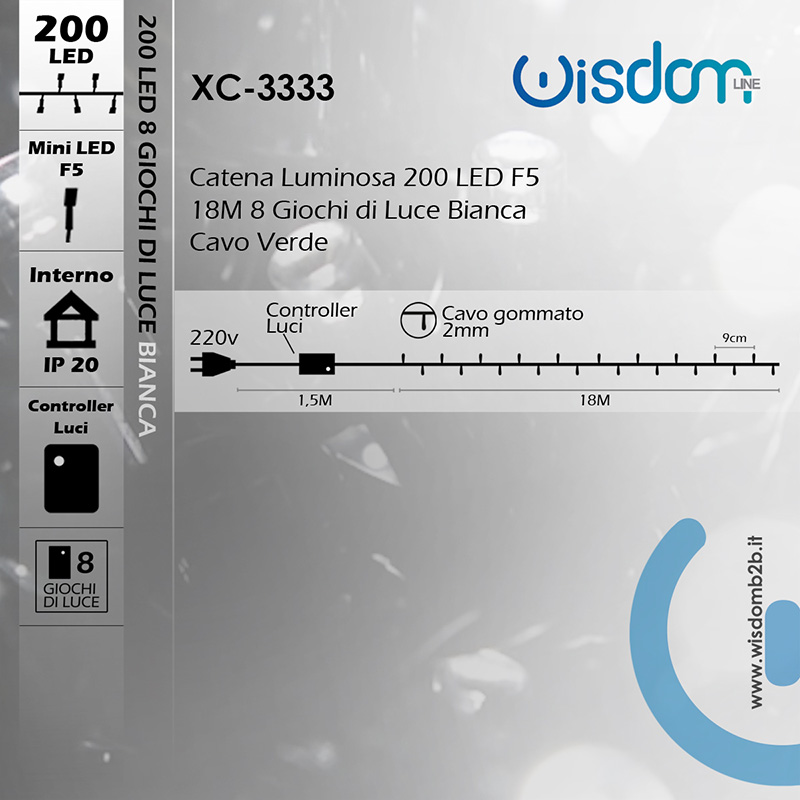 Catena Luminosa LED WISDOM 200 Bianca 18M Alta Qualità e Efficienza Infografica Specifiche Catena Luminosa LED 200 Luci Bianche con 8 Giochi di Luce e Cavo Verde