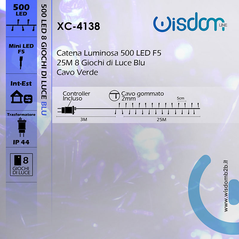 Catena Luminosa LED Blu 25M 500Luci Illuminazione Energetica 8 Modalità di Luce Infografica Catena 500 LED Blu su 25 Metri di Cavo Verde 8 Giochi di Luce IP44