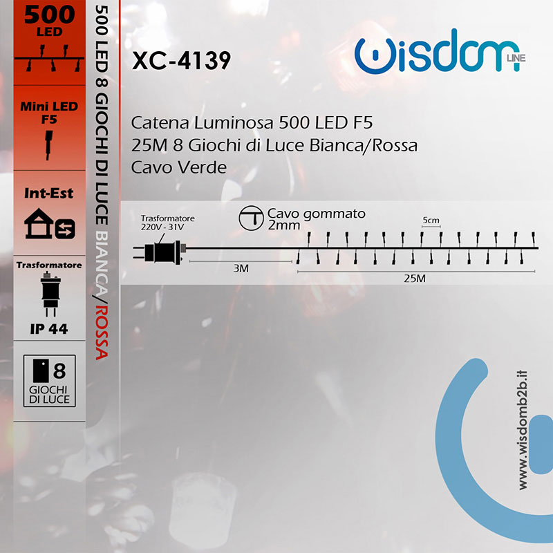 Catena Luminosa LED 500 Luci Bianche e Rosse 25M Wisdom Infografica Catena LED 500 Luci Bianche e Rosse con Trasformatore di Corrente 31V