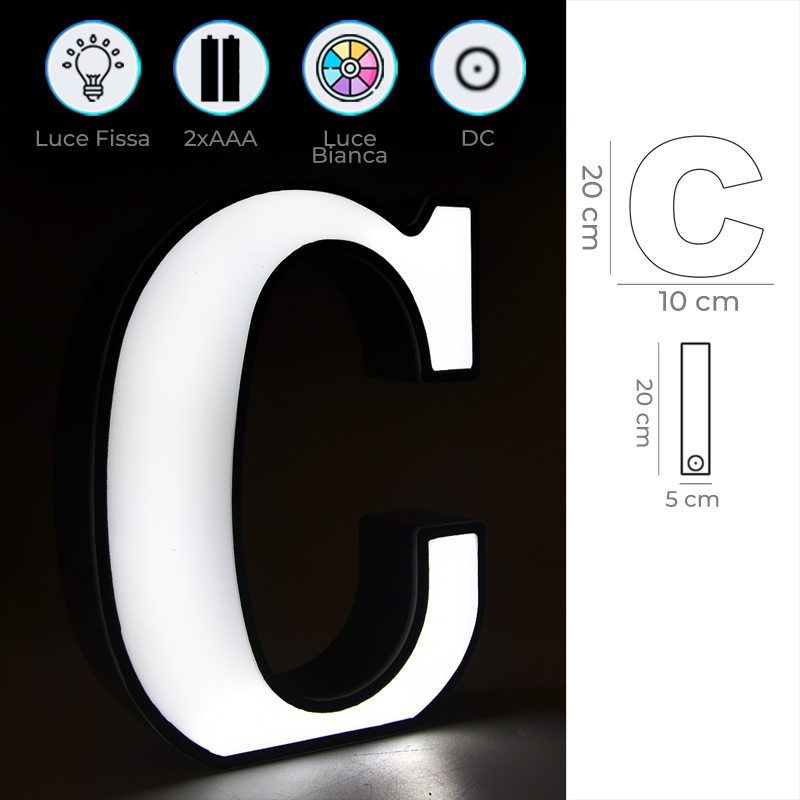 DECORAZIONE LUMINOSA A BATTERIA - Lettera C Infografica Decorazione Luminosa A Batteria o Trasformatore da 5V DC Luce Bianca Fissa