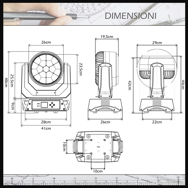 Illuminazione Eventi Professionale Testa Mobile Wash Zoom 19x15 RGBW Infografica Dimensioni Testa Mobile Zoom Wash 19x15