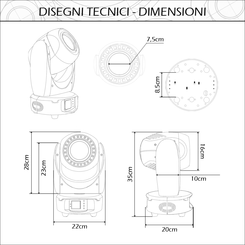 Wisdom Elph 100 Testa Mobile LED RGB Illuminazione Avanzata per Eventi Infografica Disegni e Dimensioni della Testa Mobile Wisdom Elph 100