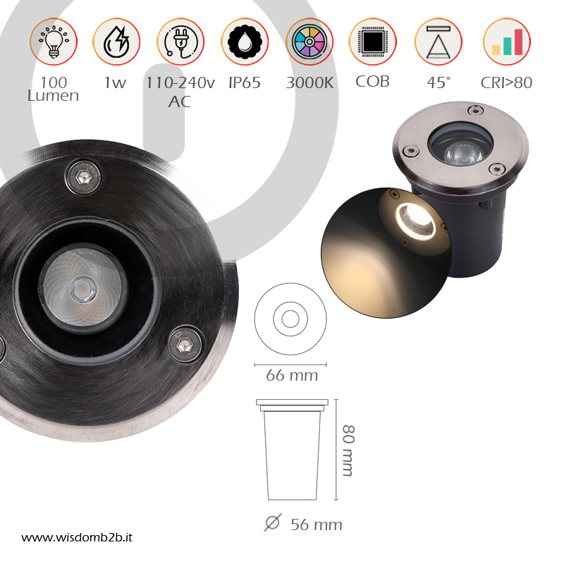 FARETTO LED 1W LUCE CALDA - L'illuminazione Segnapasso dall'Estetica Raffinata Infografica Caratteristiche Tecniche Faretto Segnapasso 1w Luce Calda in Acciaio e Vetro