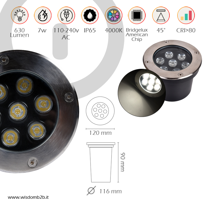 Infografica Caratteristiche Tecniche Faro LED da 7w in Acciaio e Vetro Temperato Luce Naturale