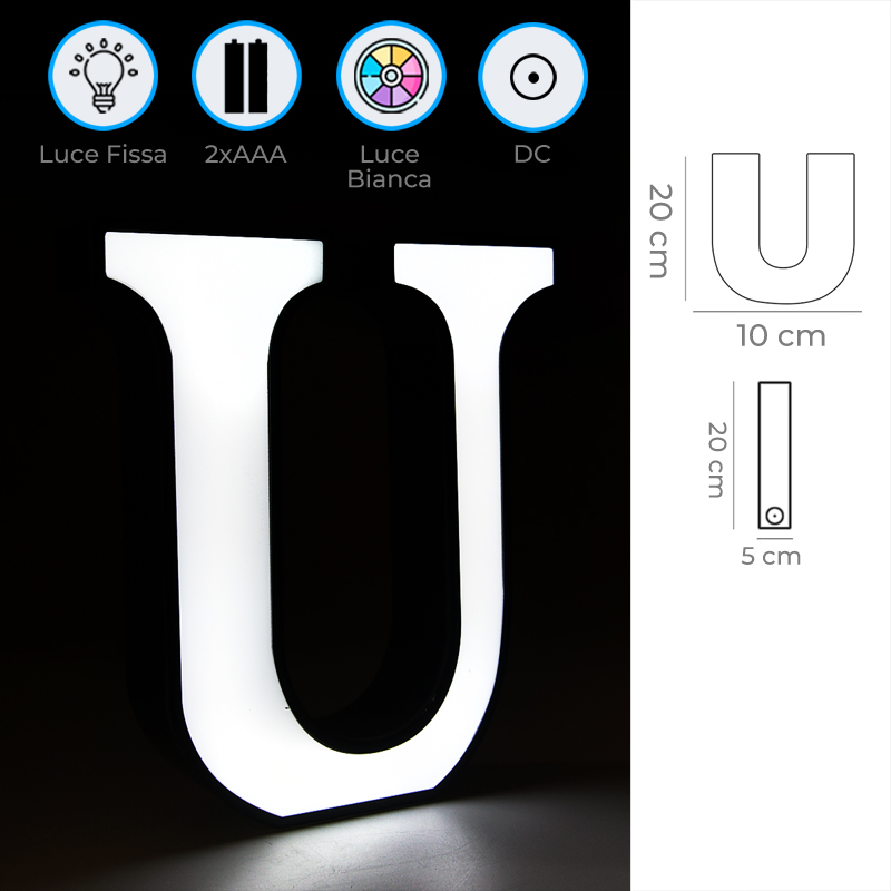 Infografica Specifiche Lettera U Luminosa a LED Luce Bianca Alimentata a Batteria 