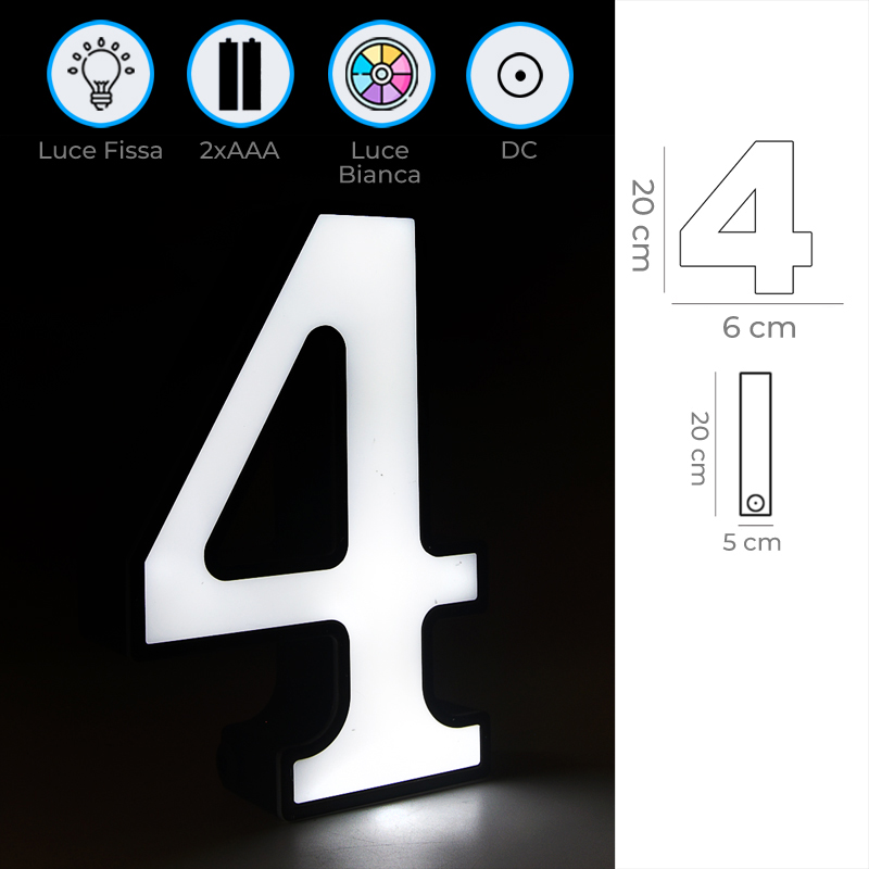 Numero Luminoso 4 LED a Batteria Versatile e Stiloso con Luce Bianca Infografica Numero 4 Luminoso a LED con Luce Bianca Alimentato a Batterie 2xAAA