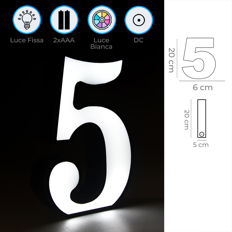 Numero 5 Luminoso Decorativo Elegante e Versatile Infografica Specifiche Decorazione Luminosa Numero 5 Luce Bianca a Batteria o Alimentatore 5V
