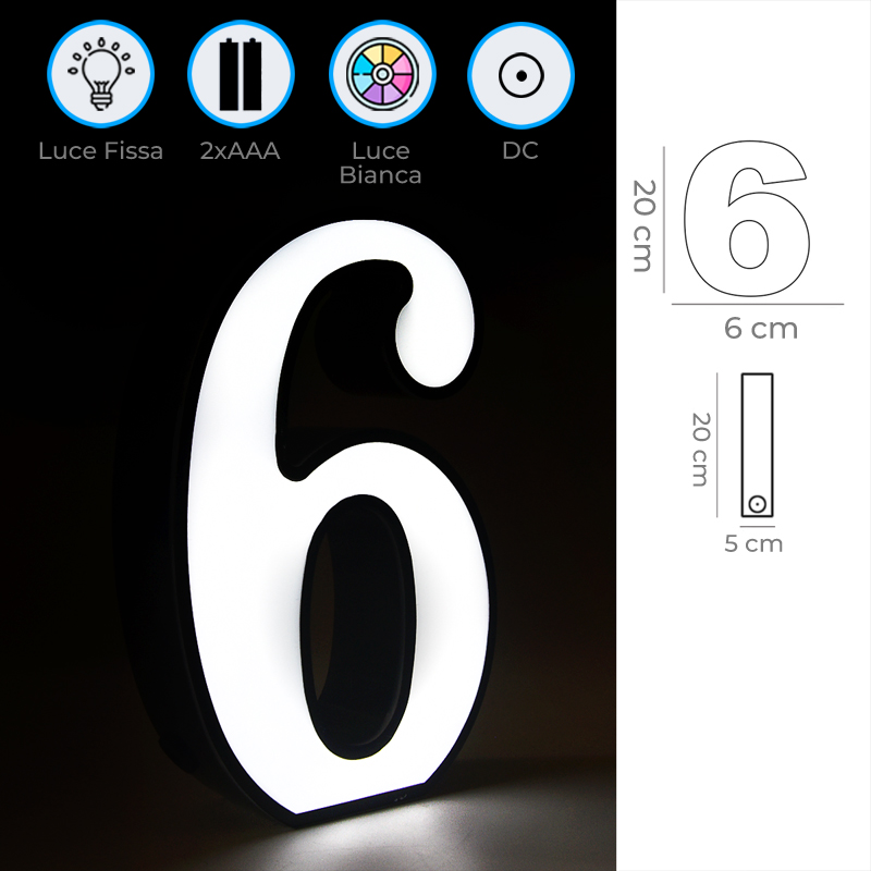 Numero 6 Luminoso Decorativo Stile Unico per Interni Infografica Specifiche Numero 6 Luminoso a Batterie 2 x AAA con Luce Bianca Brillante