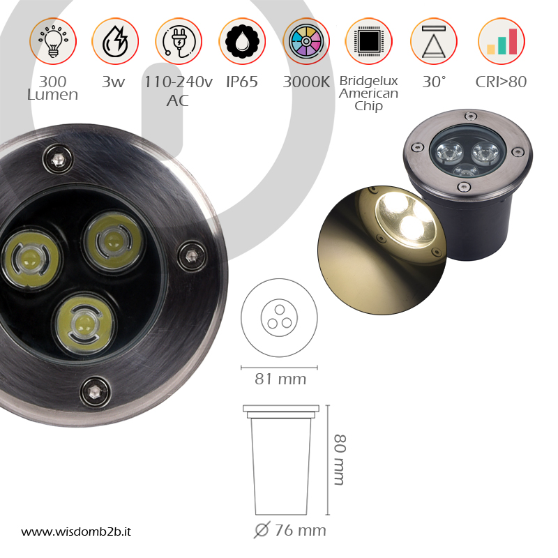 Illuminazione Esterna LED Calpestabile 3W Luce Calda Segnapassi Moderni Infografica Caratteristiche Faretto LED da 3w in Acciaio Inox e Vetro Temperato Luce Calda