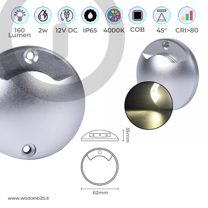 Segnapasso LED Radente 12V 2W Illuminazione Esterna di Stile Infografica Segnapasso LED 12V 2W Design Tondo Argento Mono Emissione Per Esterni
