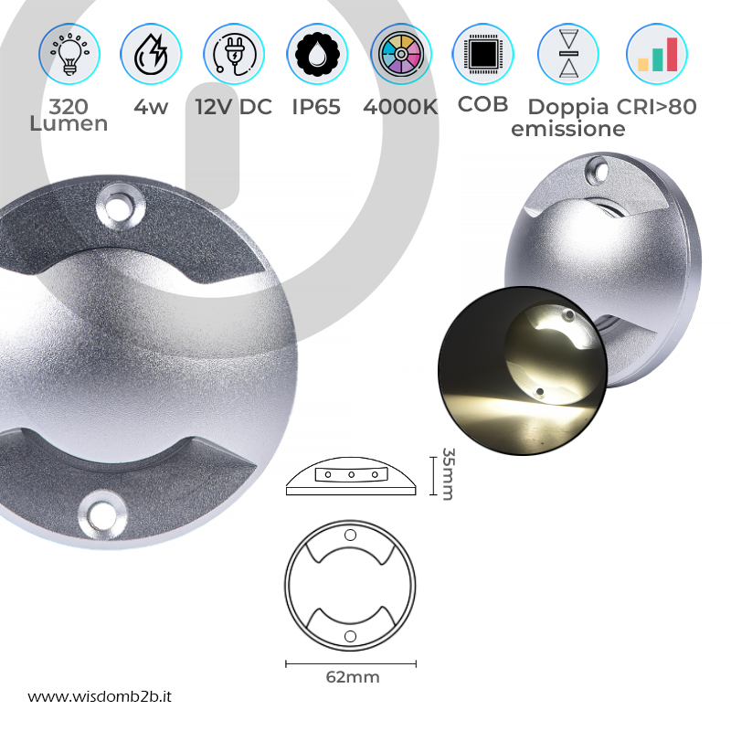 Infografica_Segnapasso_LED_Radente_12V_4W_Doppia_Emissione_Luminosa_Tondo_Grigio_Opaco