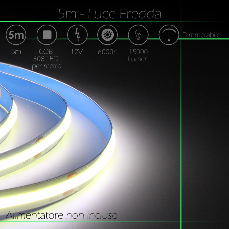 Infografica Striscia LED COB da 5 Metri Luce Fredda 1500 Lumen Dimmerabile