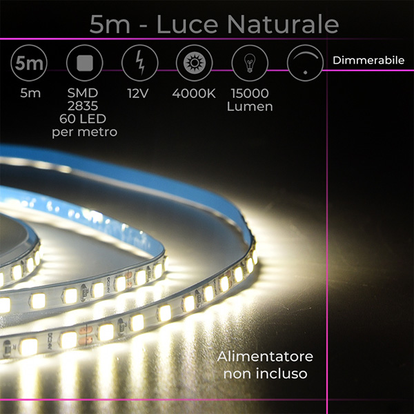 Striscia LED SMD 2835 da Cinque metri Illuminazione Flessibile e Sicura Infografica Striscia LED 12V da 5 Metri 60LED/mt Tagliabile e Personalizzabile Luce Naturale