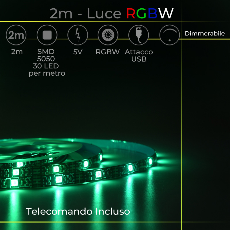 Striscia LED TV 2 metri RGBW USB Illuminazione Flessibile e Personalizzabile Infografica Striscia LED per Retroilluminazione TV da 2mt Tagliabile Colore della Luce RGBW