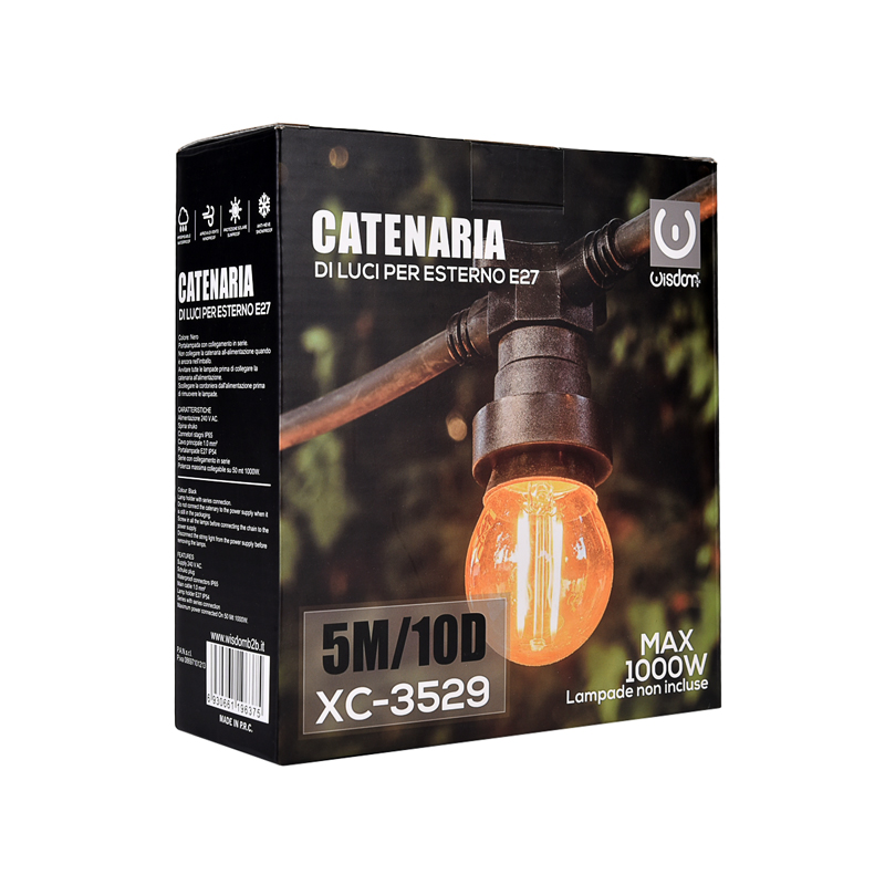 CATENARIA NERA CON CAVO 5M E 10 PORTALAMPADE E27 - per Eventi e Decorazioni Scatola Catenaria Nera 5metri 10 attacchi portalampada E27 per illuminazioni Esterne
