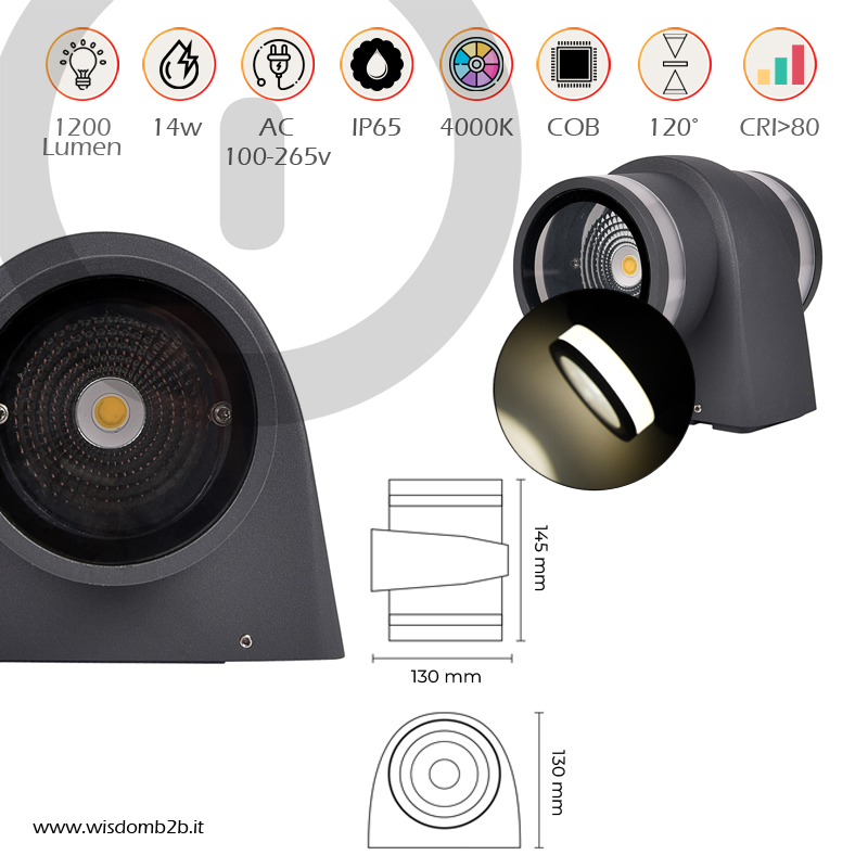 APPLIQUE LED CILINDRICO GRIGIO 14W 4000K - Illuminazione Moderna e Funzionale Scheda specifiche tecniche applique LED cilindrico alluminio grigio 14w luce naturale
