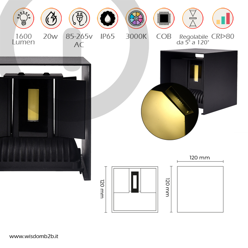 APPLIQUE LED CUBO 20W NERO - Illuminazione Calda per Atmosfere Accoglienti Infografica specifiche tecniche applique LED Cubo 20w in alluminio nero luce calda