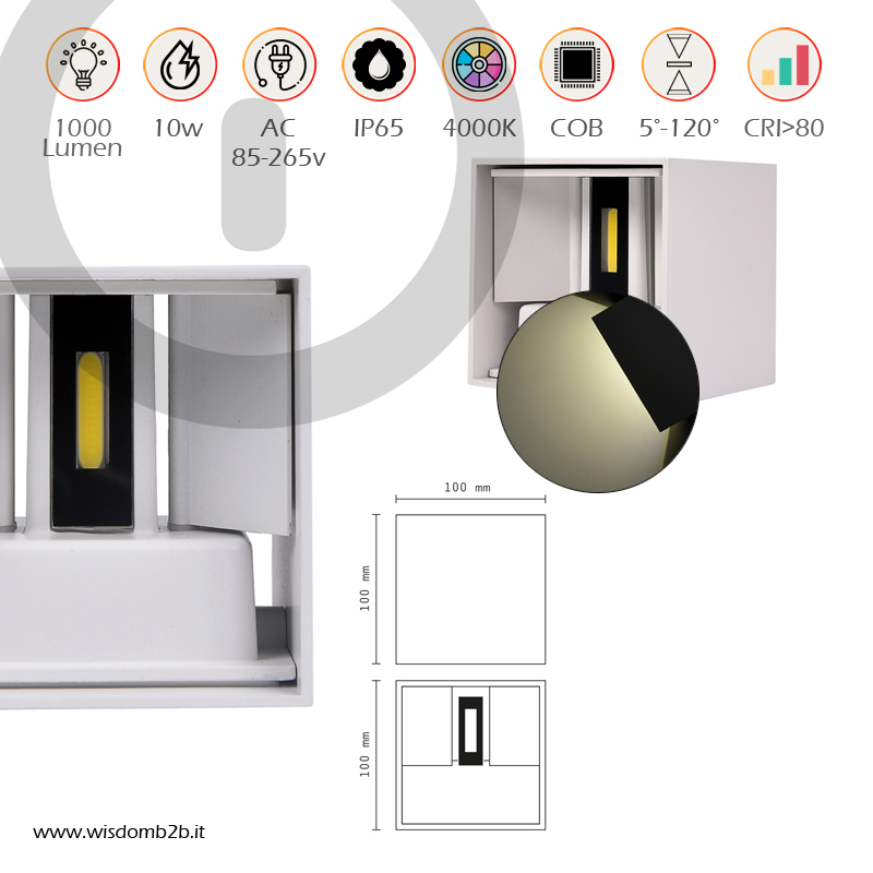 APPLIQUE LED CUBO BIANCO 10W - Illuminazione Naturale e Design Innovativo Scheda specifiche tecniche applique LED cubo in alluminio bianco 10w luce naturale