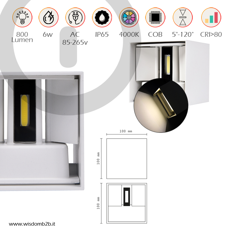Infografica specifiche tecniche applique LED cubo bianco 6w luce naturale 4000k