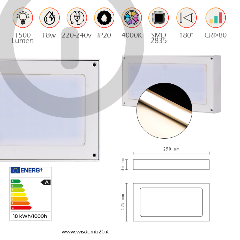 APPLIQUE LED DA PARETE 18W LUCE NATURALE - Eleganza Incontra l'Efficacia Scheda specifiche tecniche Applique da parete bianco 18w luce naturale