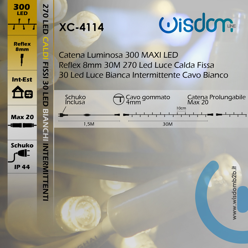 CATENA LUMINOSA 300 MAXILED LUCE CALDA/BIANCA - Illuminazione Professionale per Ambienti Interni ed Esterni Scheda specifiche tecniche catena luminosa 300 LED cavo bianco 30 metri