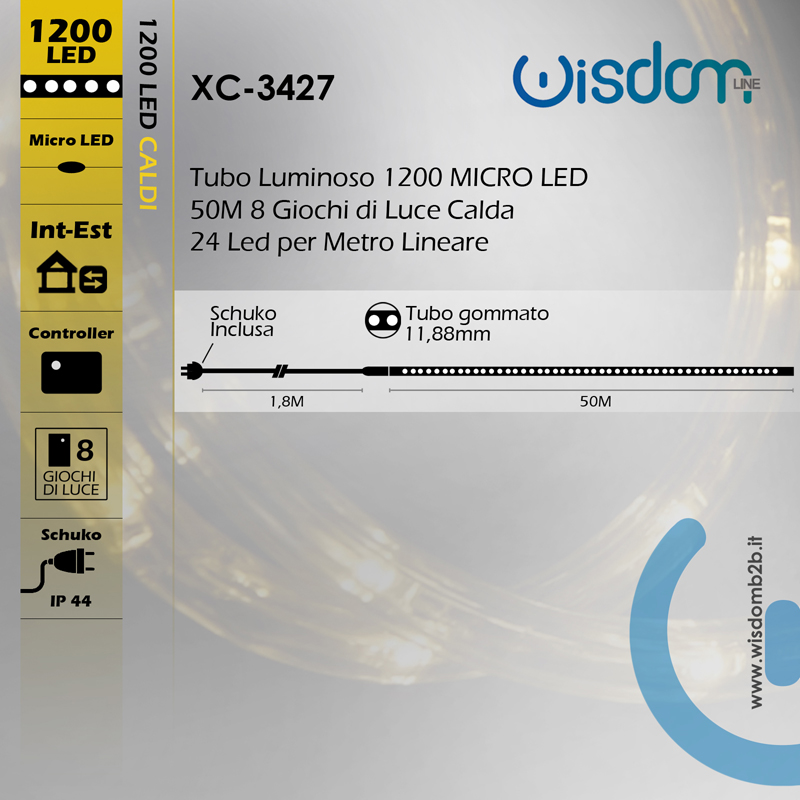 Scheda specifiche tecniche tubo flessibile 1200 LED da 50 metri 8 giochi di luce calda