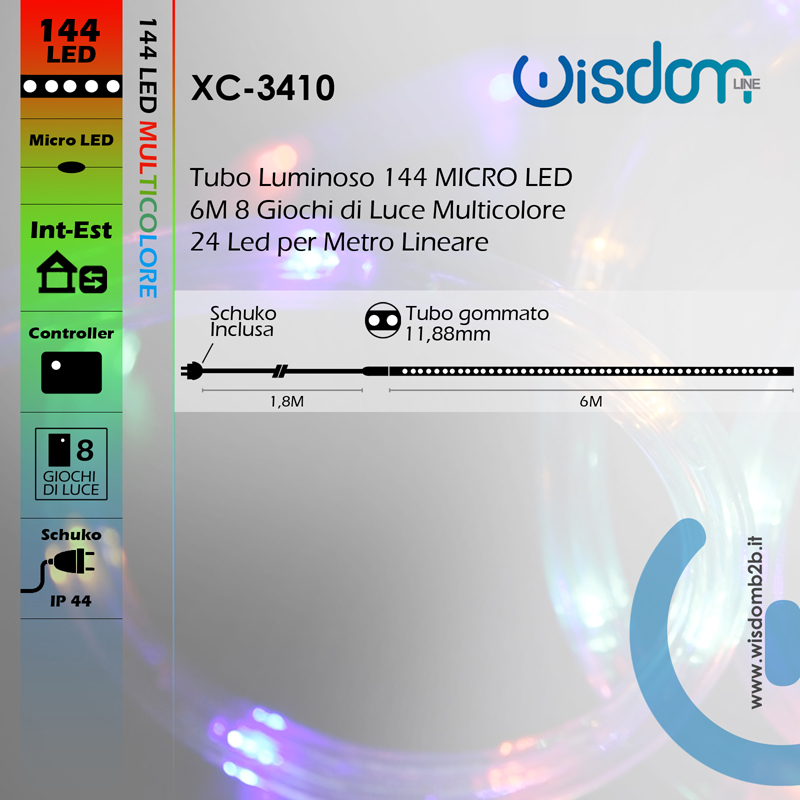 Scheda specifiche tecniche tubo luminoso flessibile 144 LED 6 metri luce multicolore