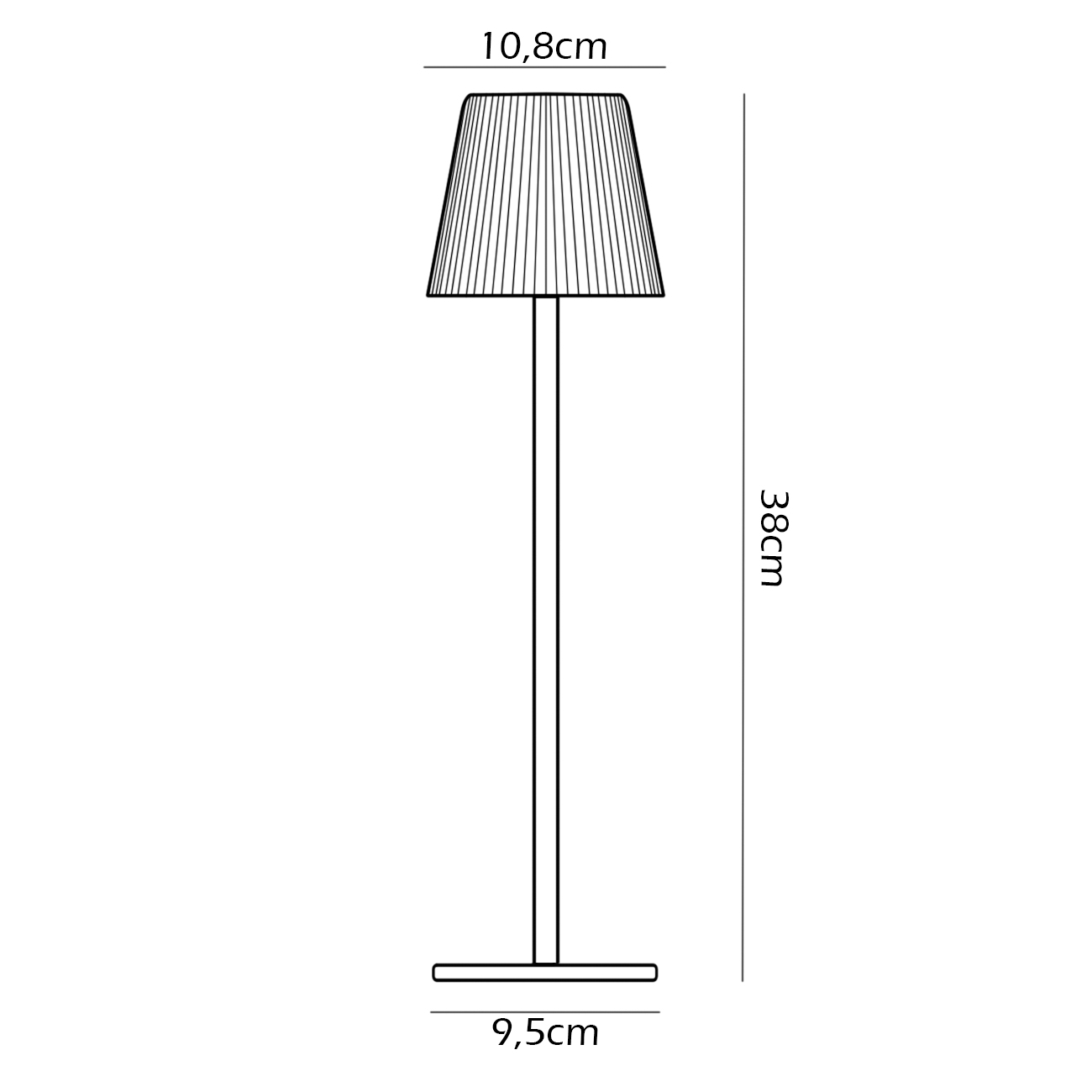 Infografica Lampada LED Energia Solare e Ricarica USB Schema Dimensioni 38 x 9,5 x 10,8 cm
