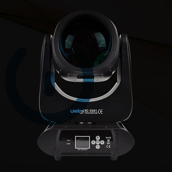 Testa Mobile Wisdom Beam LED 230W per Eventi e Spettacoli Testa Mobile Beam 230 LED in Prospettiva Frontale su Fondo Scuro