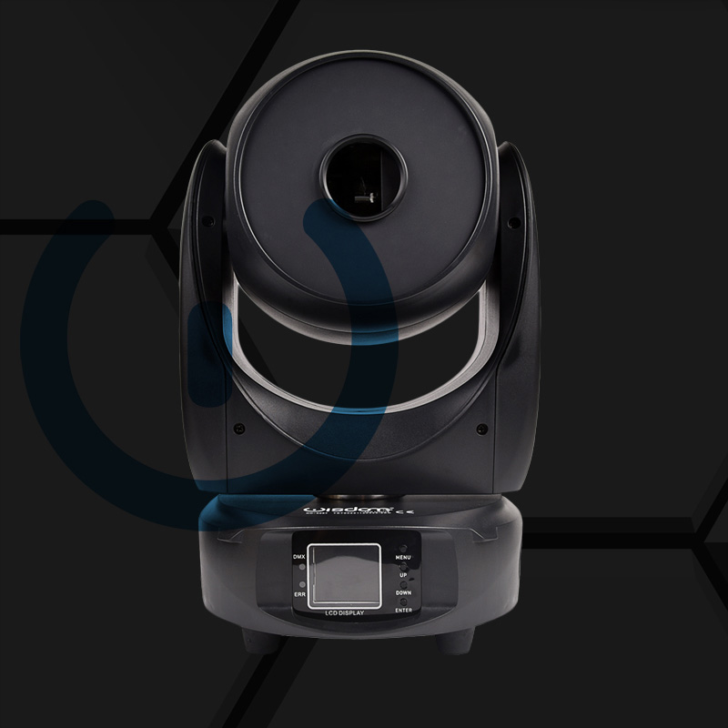 Testa Mobile Elph 5W RGB 3 in 1 Eleganza e Potenza in Illuminazione Testa Mobile Elph Proiettore Laser in Prospettiva Frontale su Sfondo Scuro