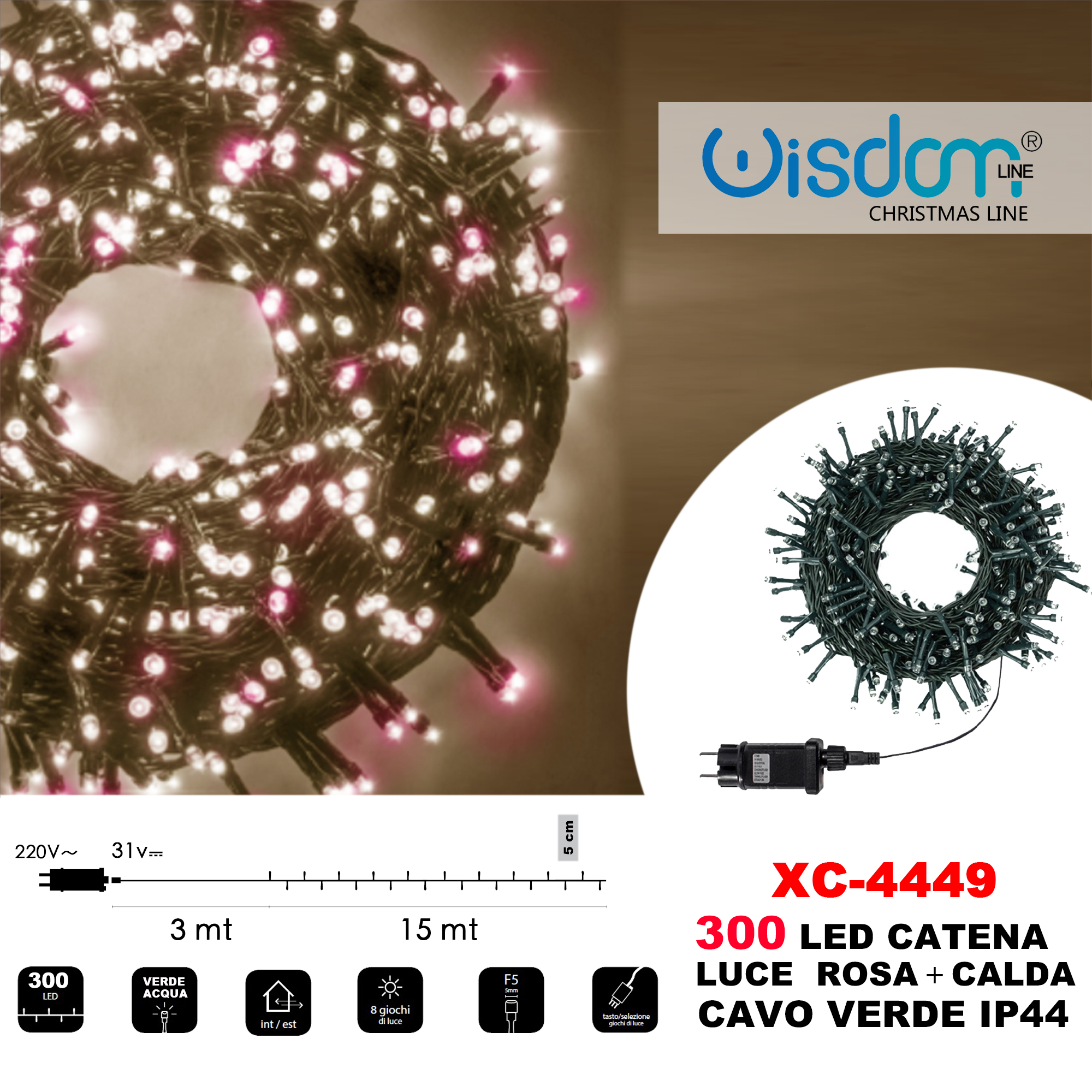 Wisdom Christmas catena luminosa 100 led 31v ip44 cavo trasparente luce Rosa 8 modalità Funzione Di Memoria Decorativa Da Interni e Esterni luci ALBERO ADDOBBI DECORAZIONI NATALE 8 giochi di luce 