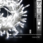 CATENA LUMINOSA 100 LED 9M LUCE BIANCA CAVO TRASPARENTE 220V