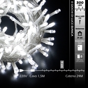 CATENA LUMINOSA 300 LED 24M LUCE BIANCA CAVO TRASPARENTE