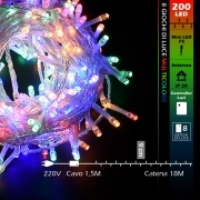 CATENA LUMINOSA 200 LED 18M LUCE MULTICOLORE CAVO TRASPARENTE